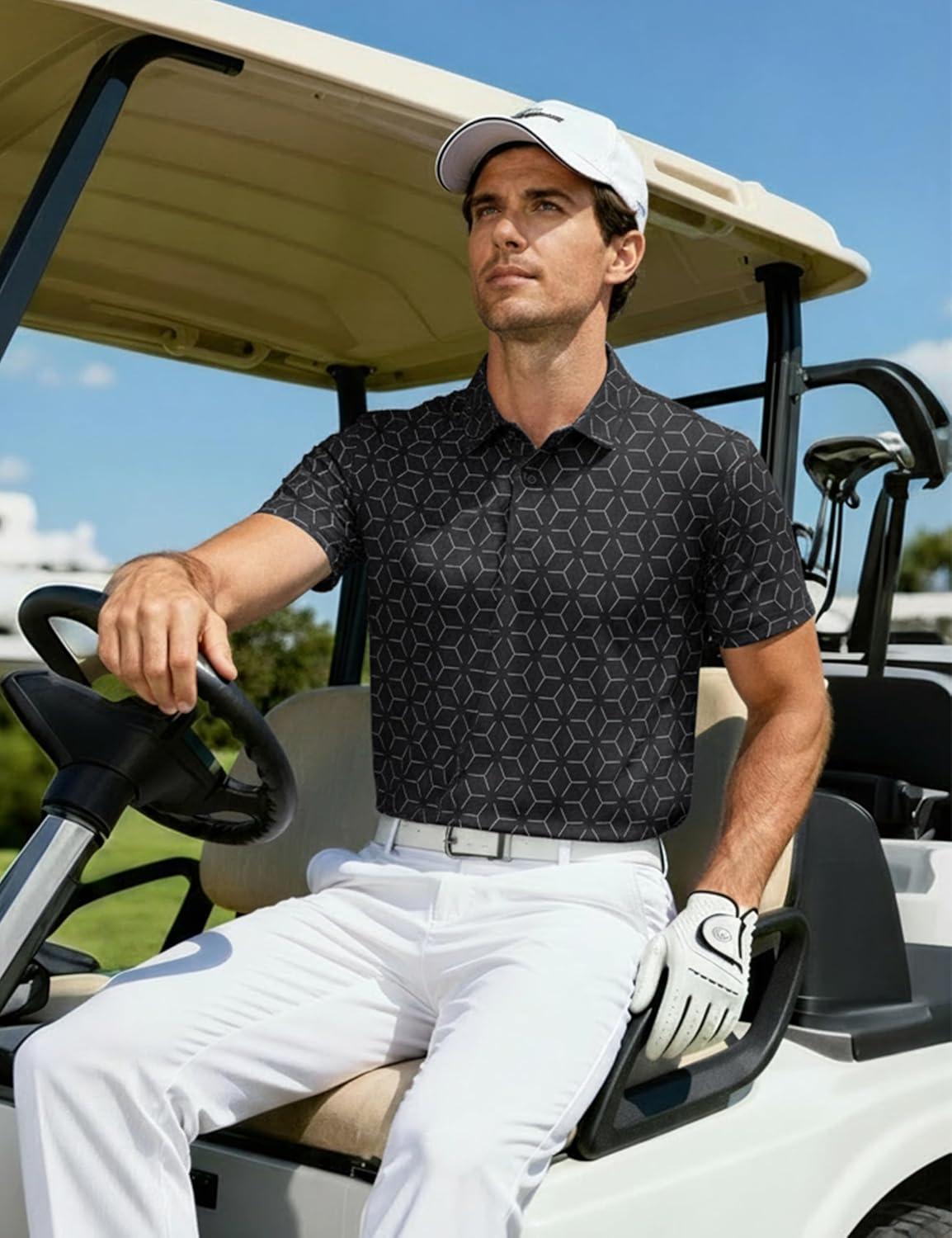 imageMAGCOMSEN Mens Golf Shirt Short Sleeve Dry Fit Moisture Wicking Golf Polos Casual Performance Print Collared Shirt MenLine Black