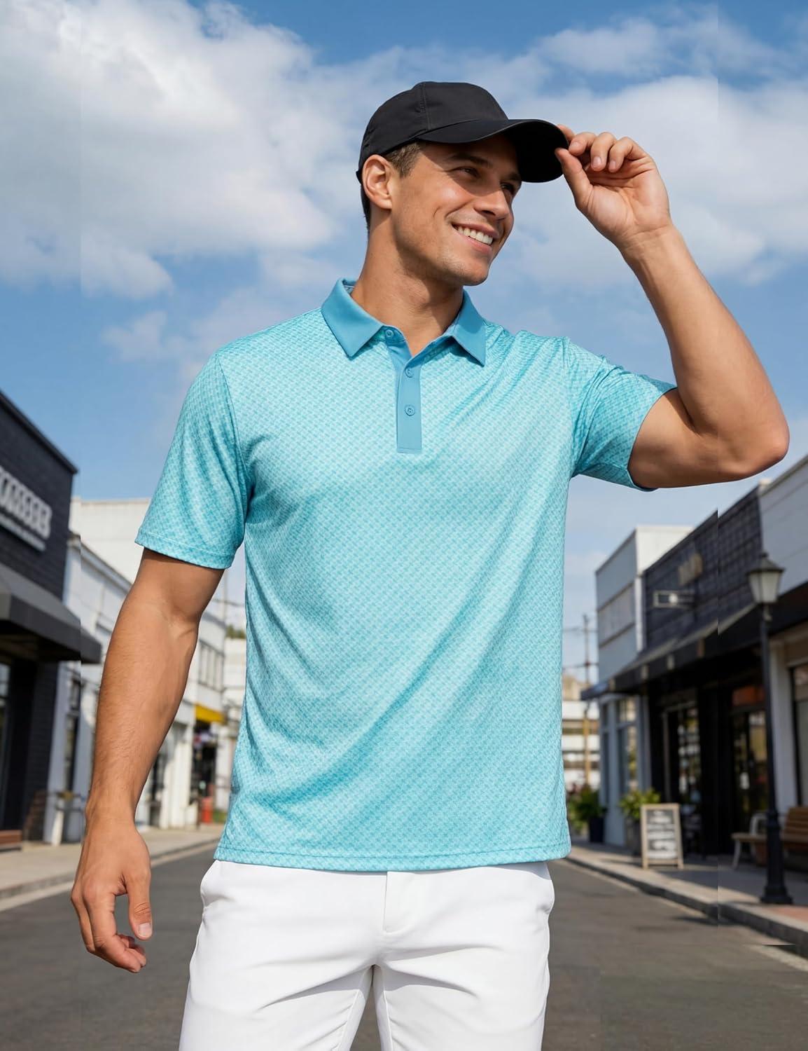 imageMAGCOMSEN Mens Golf Shirt Short Sleeve Dry Fit Moisture Wicking Golf Polos Casual Performance Print Collared Shirt MenLine Blue