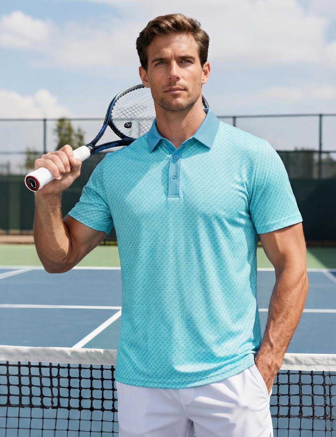 imageMAGCOMSEN Mens Golf Shirt Short Sleeve Dry Fit Moisture Wicking Golf Polos Casual Performance Print Collared Shirt MenLine Blue