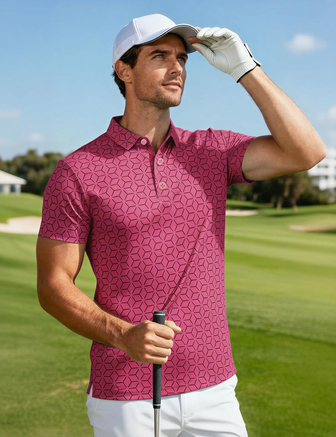 imageMAGCOMSEN Mens Golf Shirt Short Sleeve Dry Fit Moisture Wicking Golf Polos Casual Performance Print Collared Shirt MenLine Pink