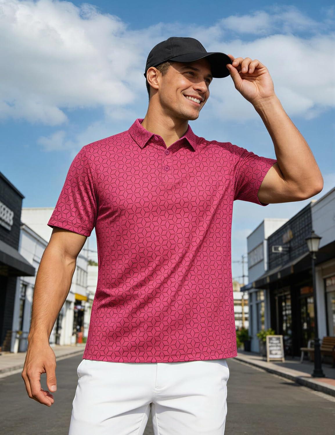 imageMAGCOMSEN Mens Golf Shirt Short Sleeve Dry Fit Moisture Wicking Golf Polos Casual Performance Print Collared Shirt MenLine Pink