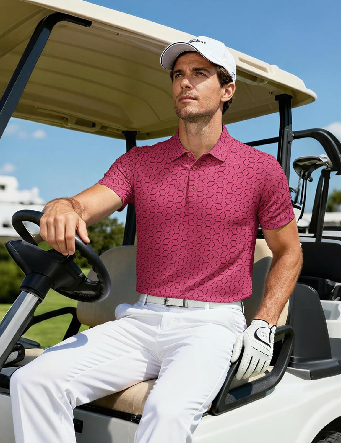 imageMAGCOMSEN Mens Golf Shirt Short Sleeve Dry Fit Moisture Wicking Golf Polos Casual Performance Print Collared Shirt MenLine Pink