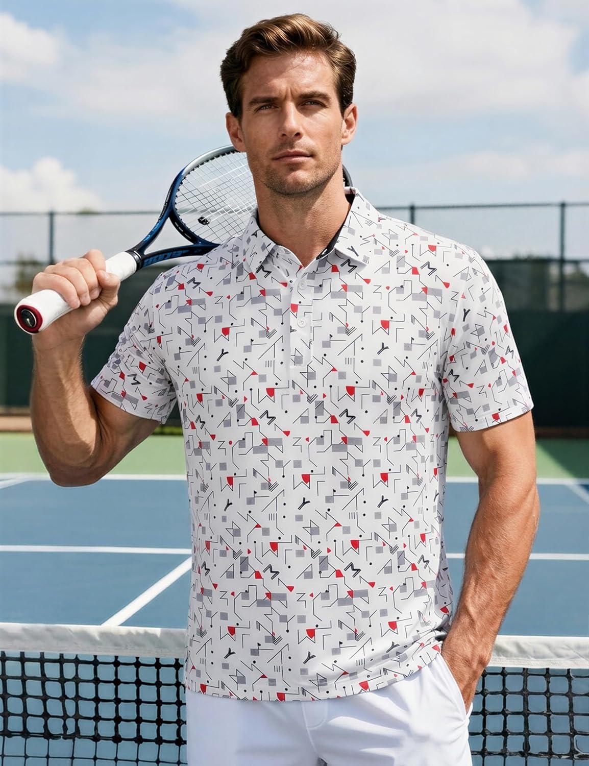 imageMAGCOMSEN Mens Golf Shirt Short Sleeve Dry Fit Moisture Wicking Golf Polos Casual Performance Print Collared Shirt MenLine White