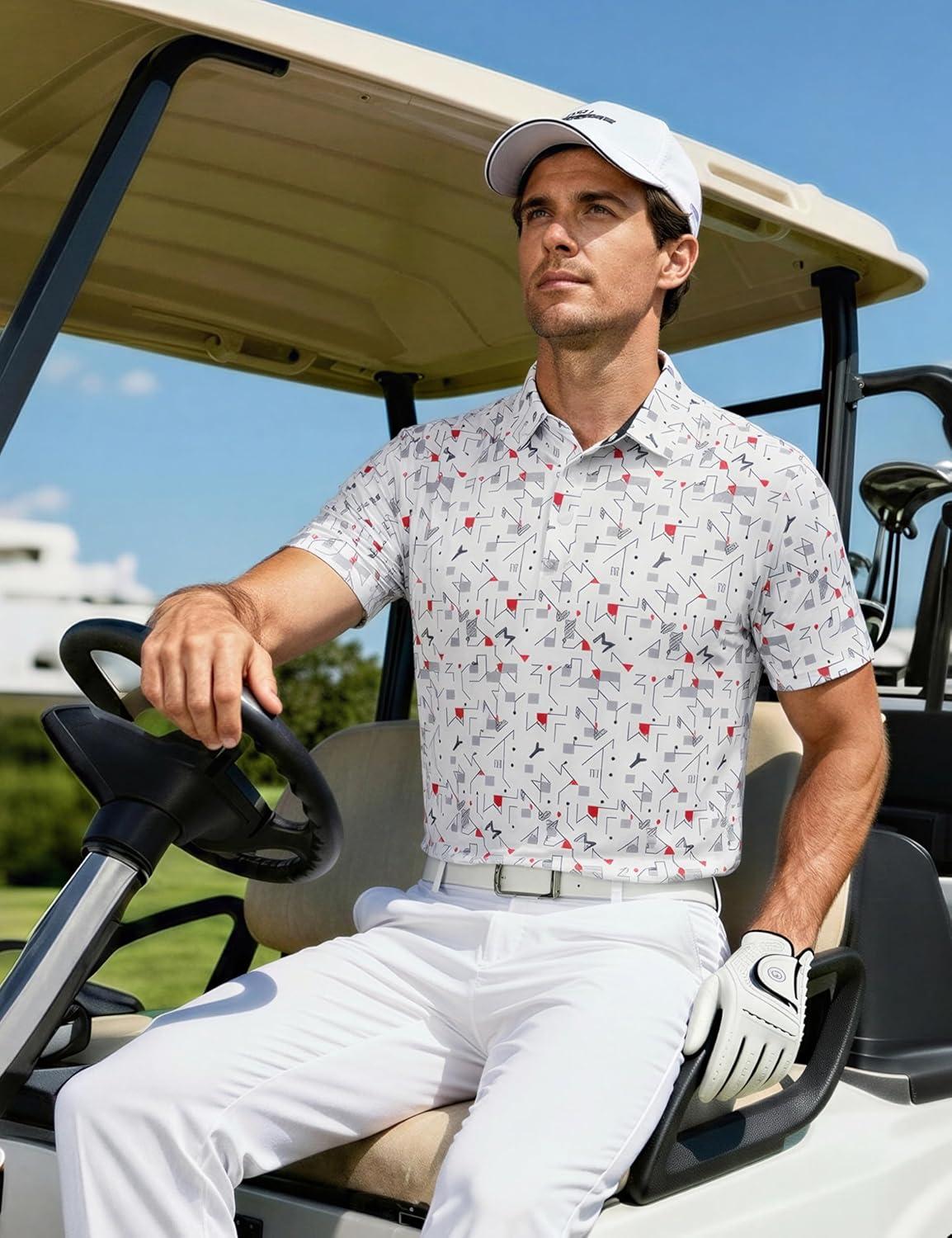 imageMAGCOMSEN Mens Golf Shirt Short Sleeve Dry Fit Moisture Wicking Golf Polos Casual Performance Print Collared Shirt MenLine White