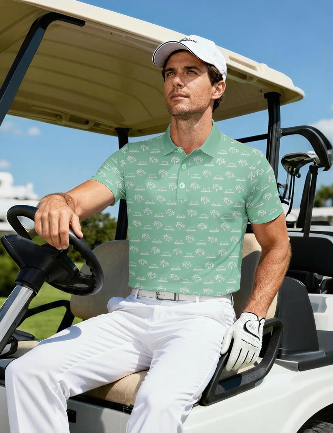 imageMAGCOMSEN Mens Golf Shirt Short Sleeve Dry Fit Moisture Wicking Golf Polos Casual Performance Print Collared Shirt MenLite Green