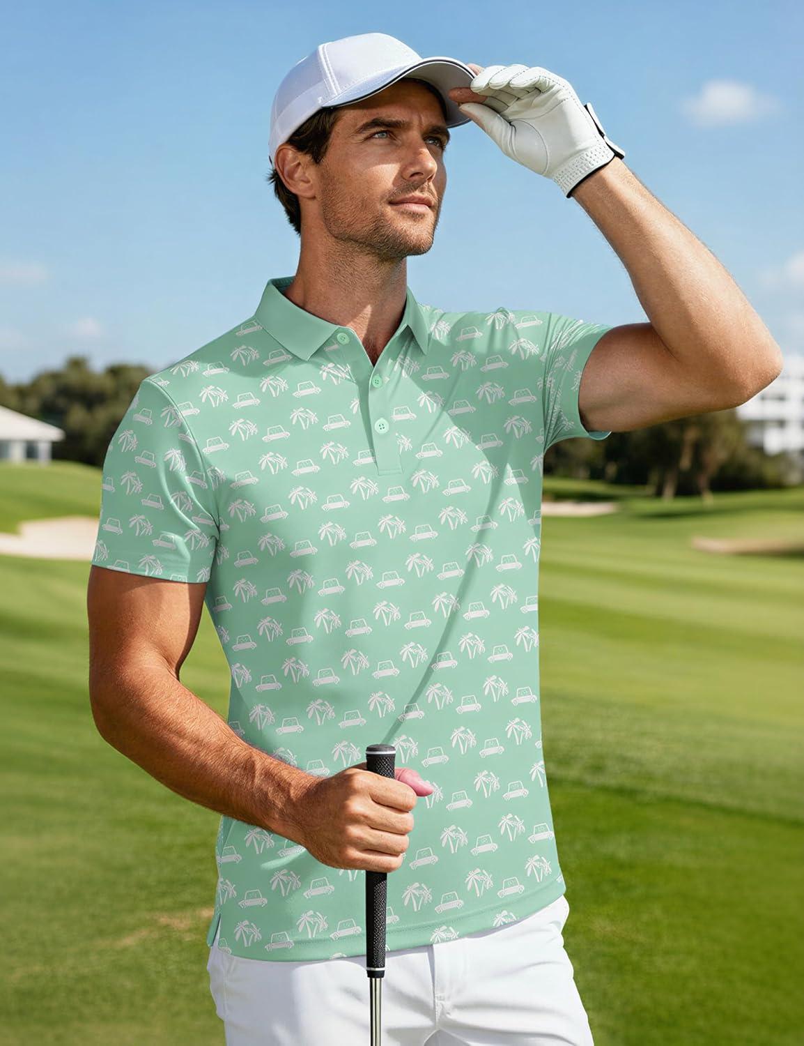 imageMAGCOMSEN Mens Golf Shirt Short Sleeve Dry Fit Moisture Wicking Golf Polos Casual Performance Print Collared Shirt MenLite Green