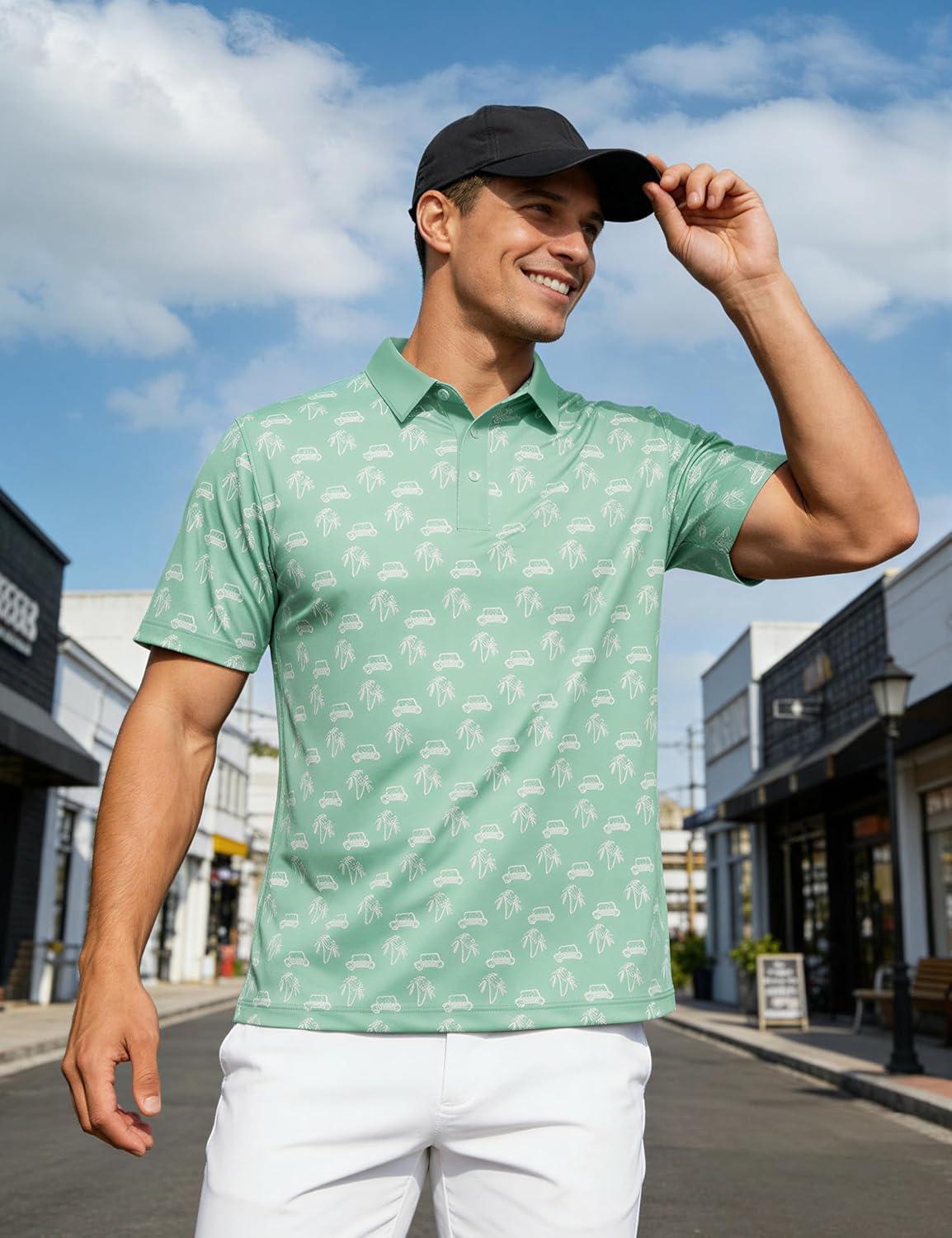 imageMAGCOMSEN Mens Golf Shirt Short Sleeve Dry Fit Moisture Wicking Golf Polos Casual Performance Print Collared Shirt MenLite Green