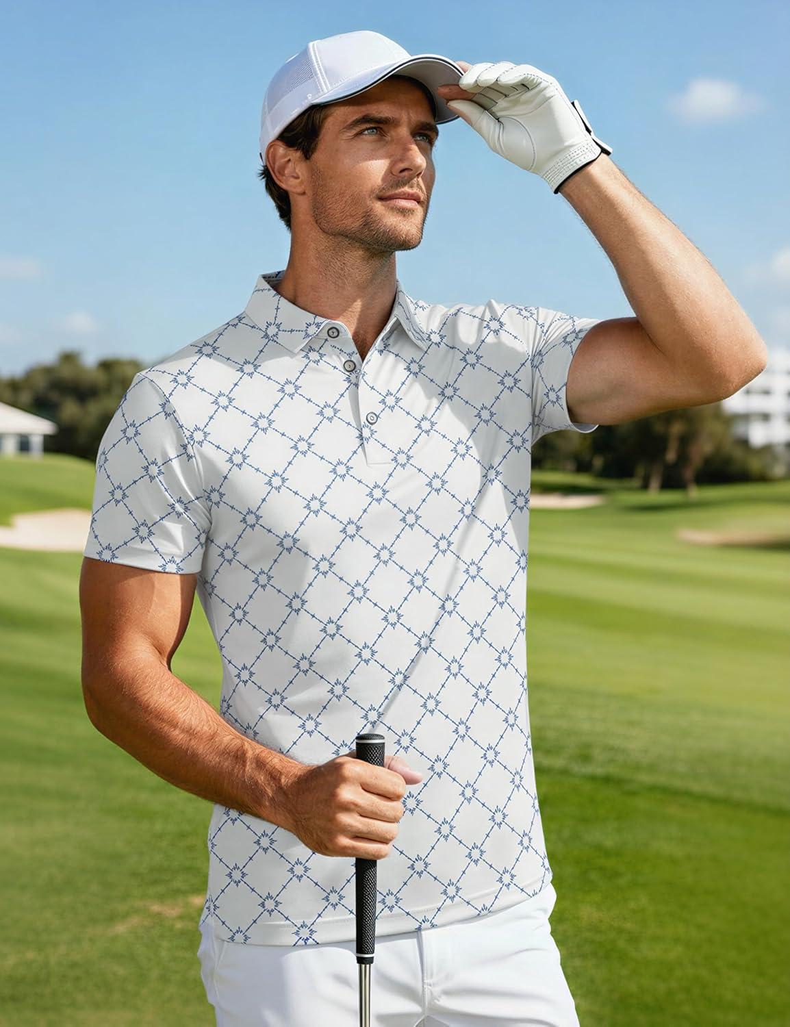 imageMAGCOMSEN Mens Golf Shirt Short Sleeve Dry Fit Moisture Wicking Golf Polos Casual Performance Print Collared Shirt MenPlaid White