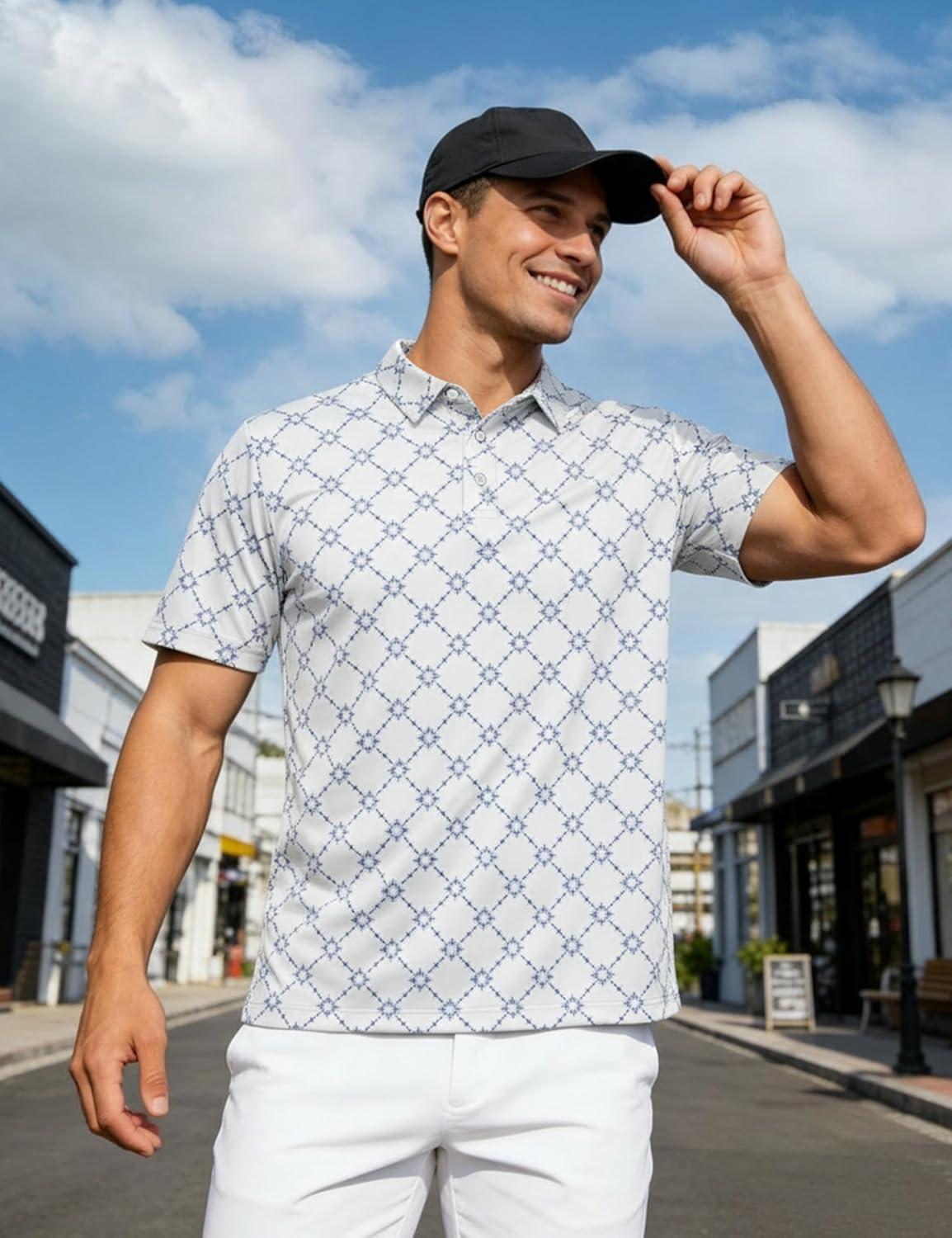 imageMAGCOMSEN Mens Golf Shirt Short Sleeve Dry Fit Moisture Wicking Golf Polos Casual Performance Print Collared Shirt MenPlaid White