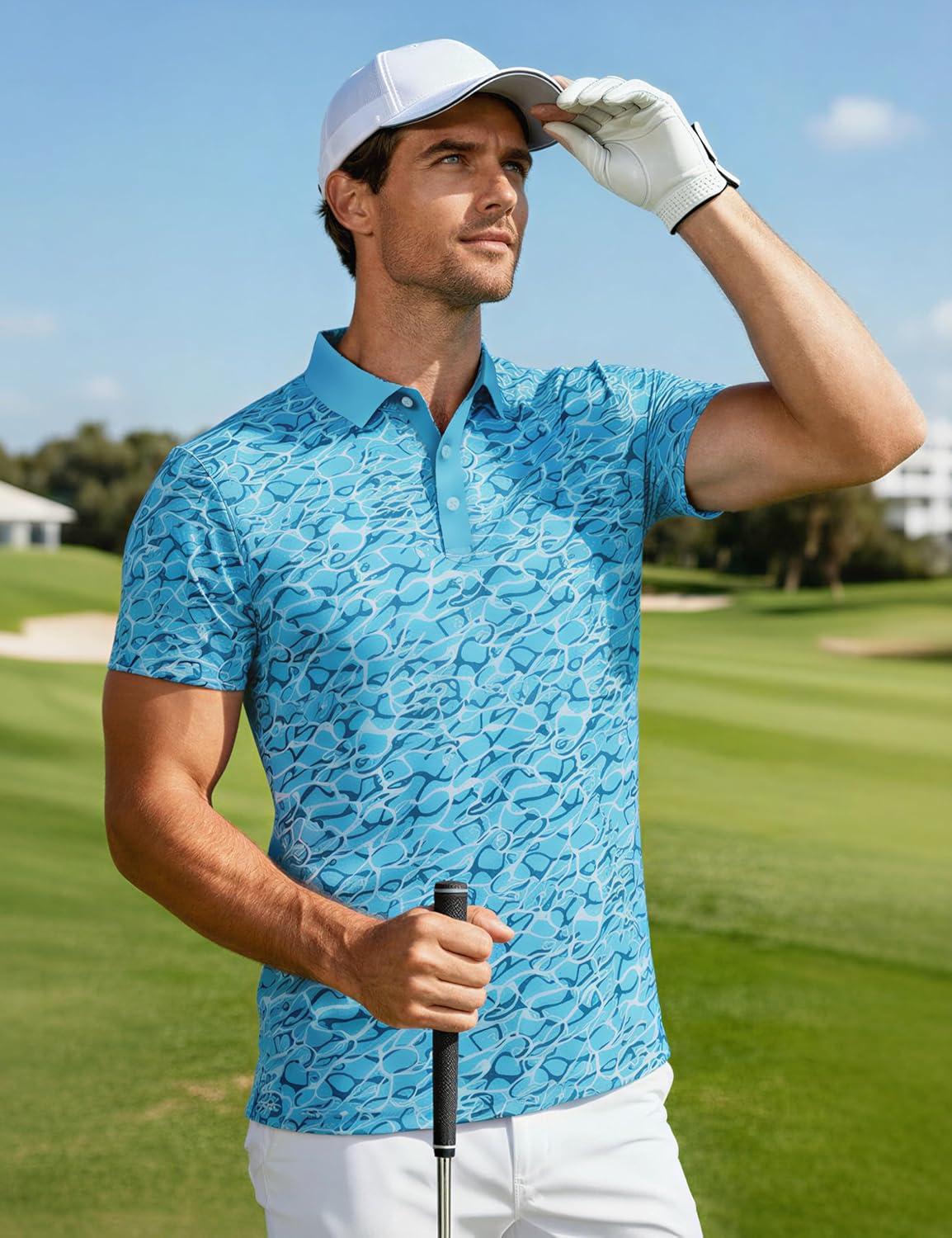 imageMAGCOMSEN Mens Golf Shirt Short Sleeve Dry Fit Moisture Wicking Golf Polos Casual Performance Print Collared Shirt MenWave Blue