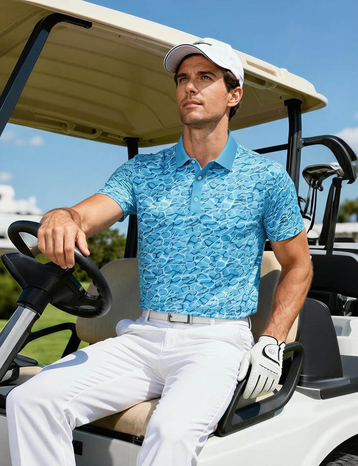 imageMAGCOMSEN Mens Golf Shirt Short Sleeve Dry Fit Moisture Wicking Golf Polos Casual Performance Print Collared Shirt MenWave Blue