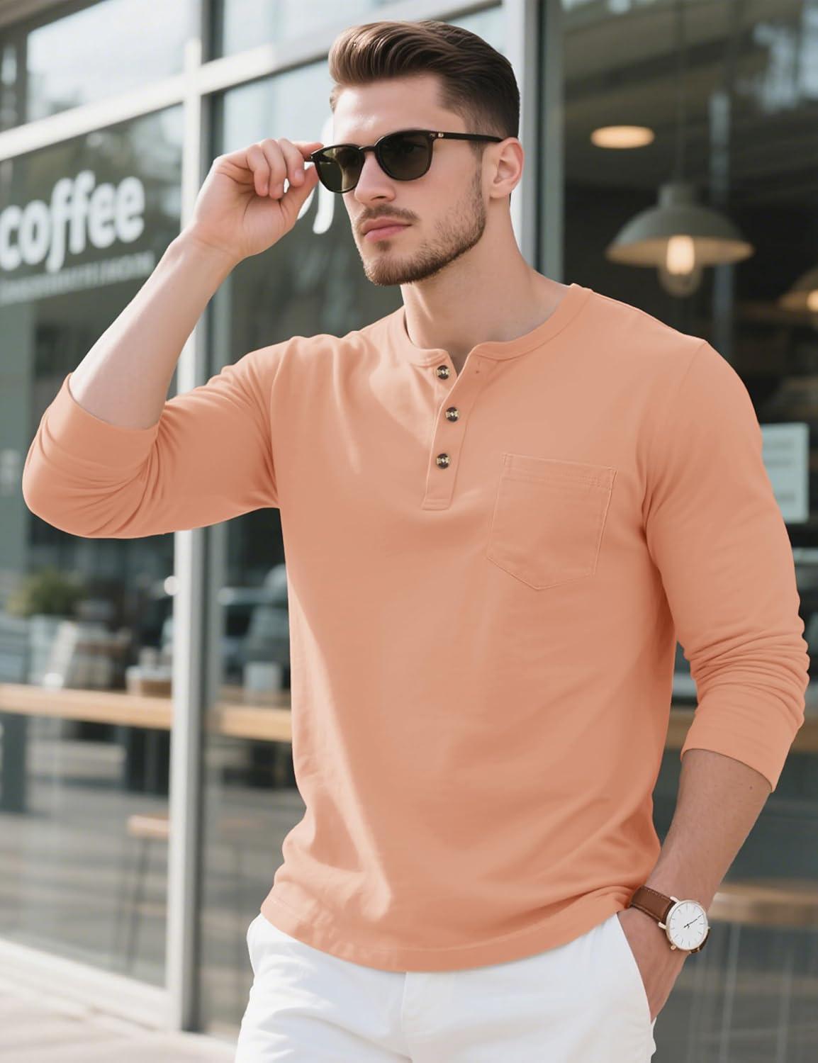 imageMAGCOMSEN Mens Henley Long Sleeve Shirt Cotton Lightweight Tee Shirts Casual Basic Tees with PocketApricot