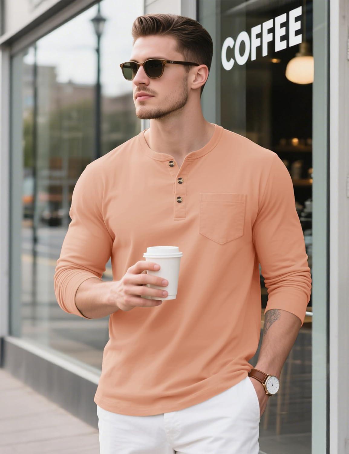 imageMAGCOMSEN Mens Henley Long Sleeve Shirt Cotton Lightweight Tee Shirts Casual Basic Tees with PocketApricot