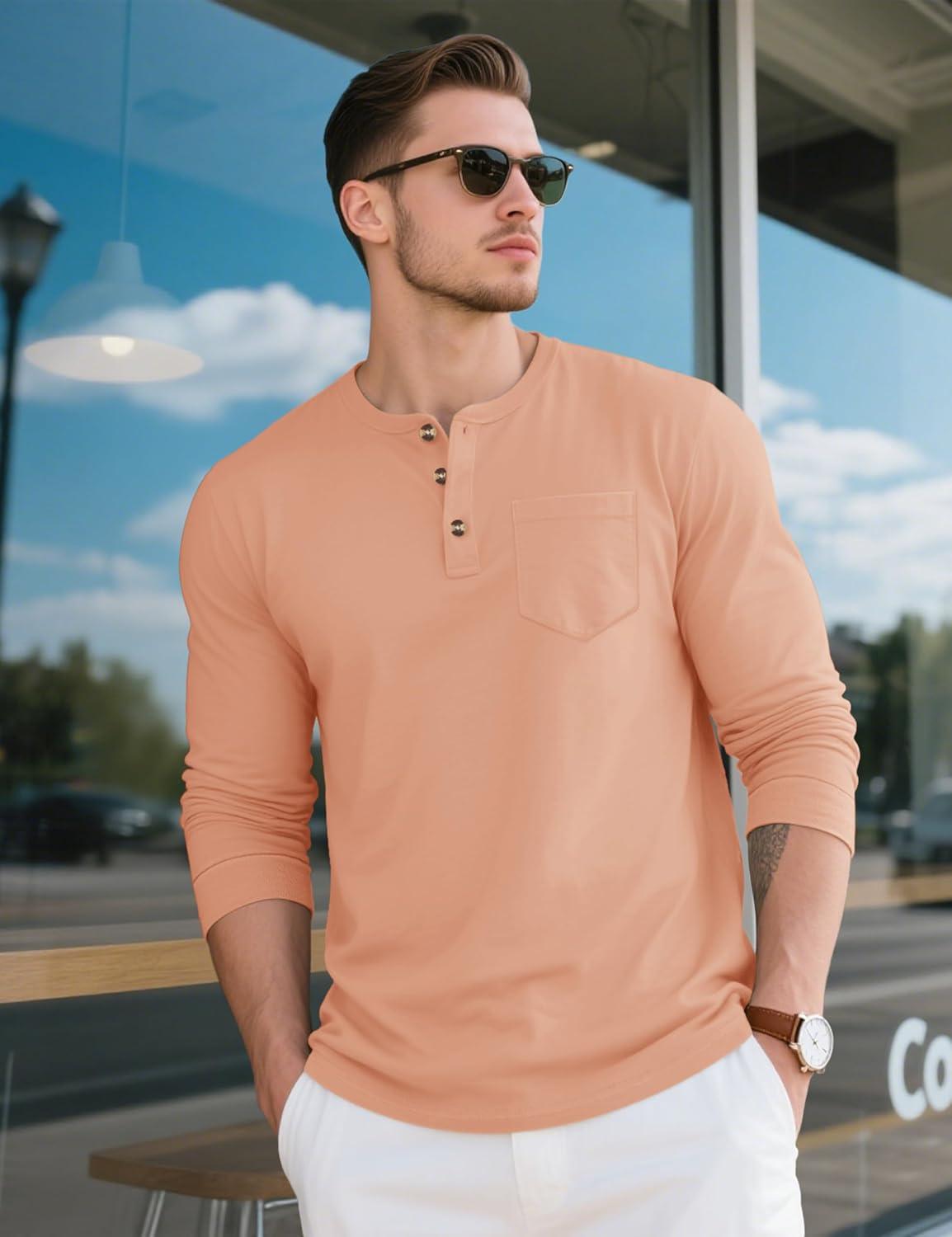 imageMAGCOMSEN Mens Henley Long Sleeve Shirt Cotton Lightweight Tee Shirts Casual Basic Tees with PocketApricot