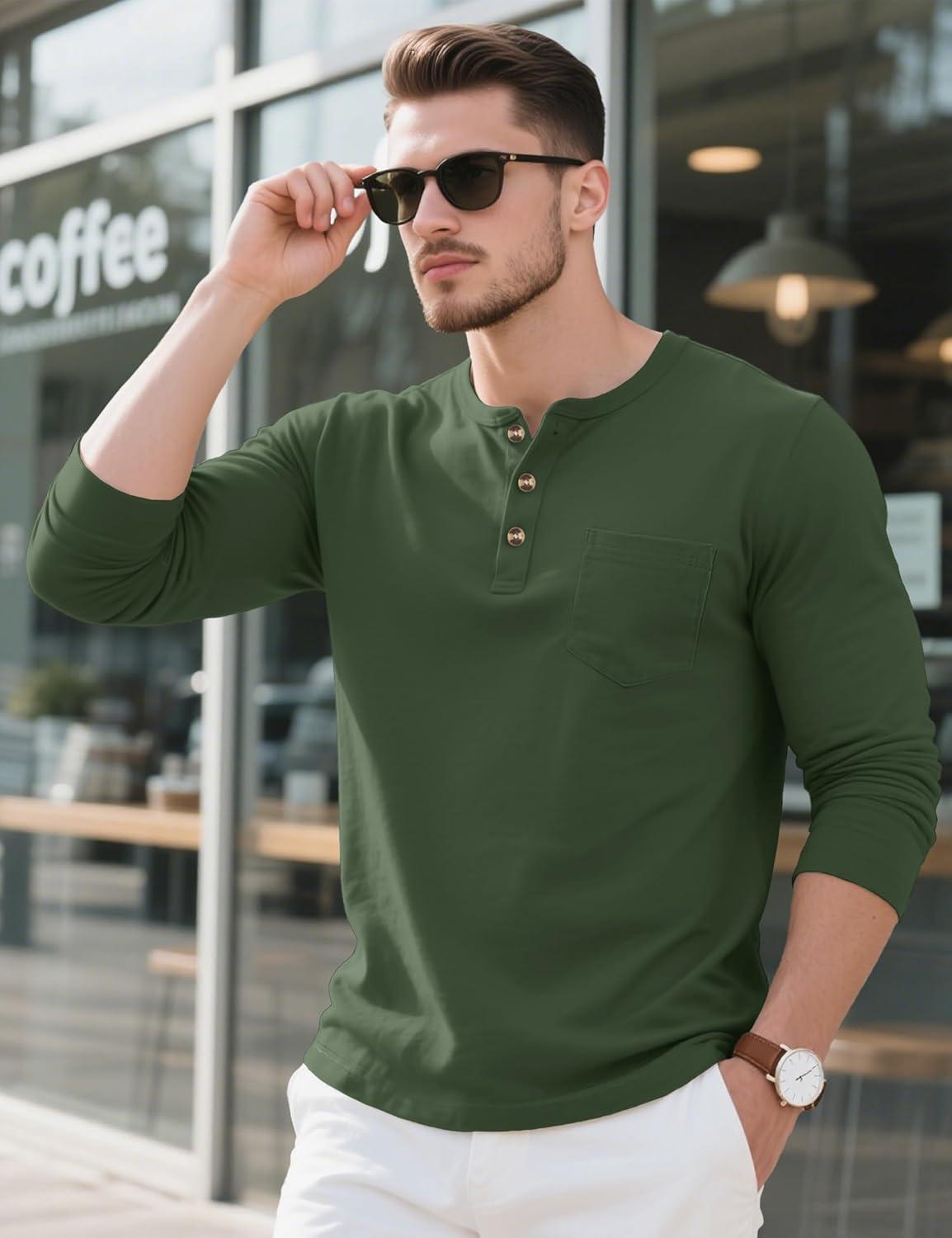 imageMAGCOMSEN Mens Henley Long Sleeve Shirt Cotton Lightweight Tee Shirts Casual Basic Tees with PocketArmy Green