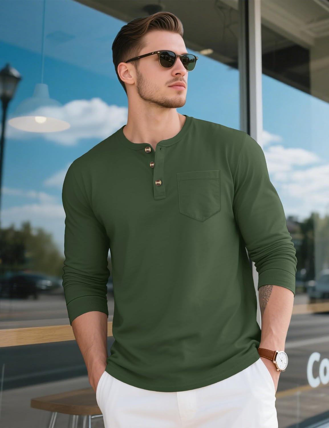 imageMAGCOMSEN Mens Henley Long Sleeve Shirt Cotton Lightweight Tee Shirts Casual Basic Tees with PocketArmy Green