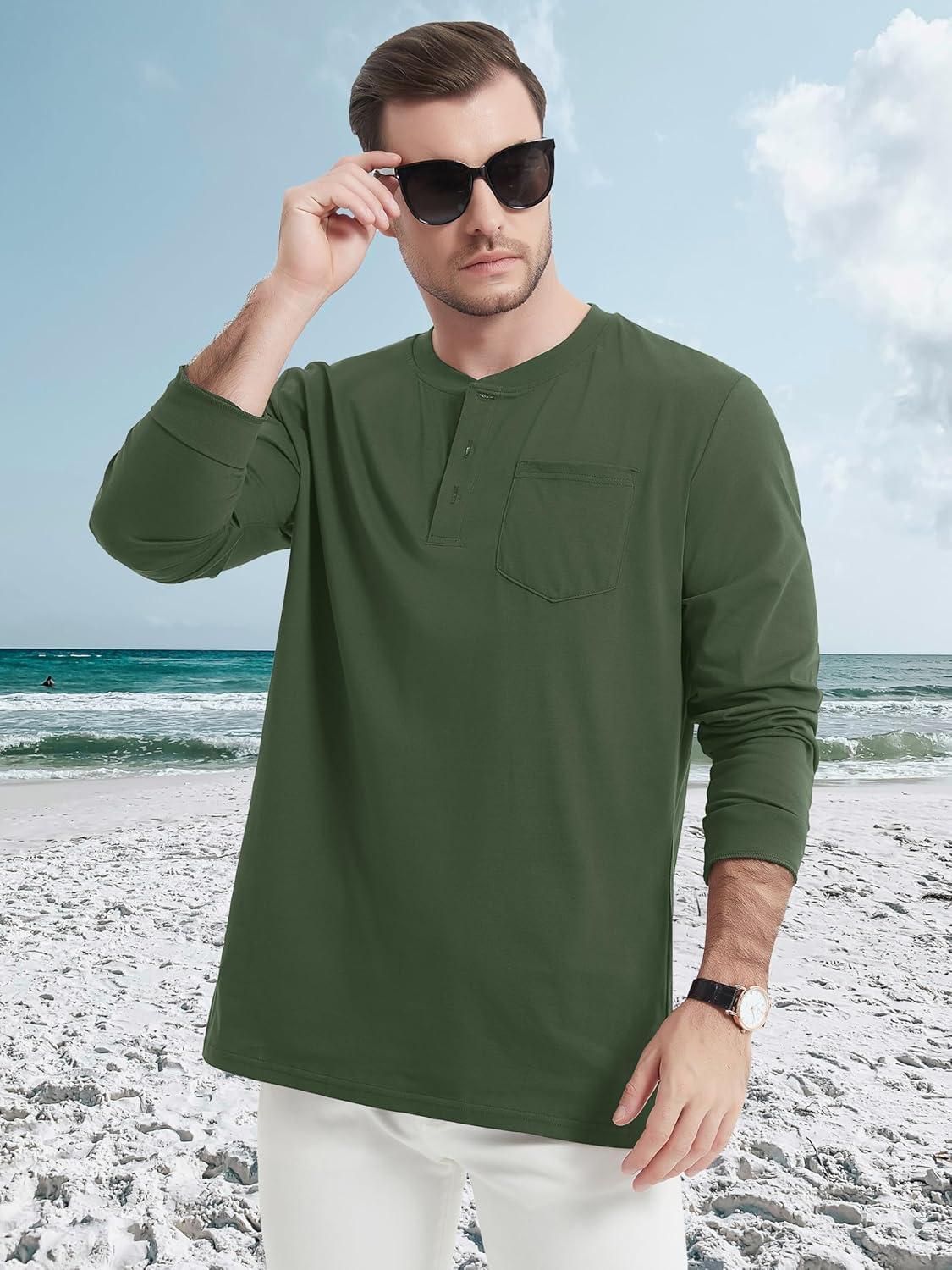 imageMAGCOMSEN Mens Henley Long Sleeve Shirt Cotton Lightweight Tee Shirts Casual Basic Tees with PocketArmy Green