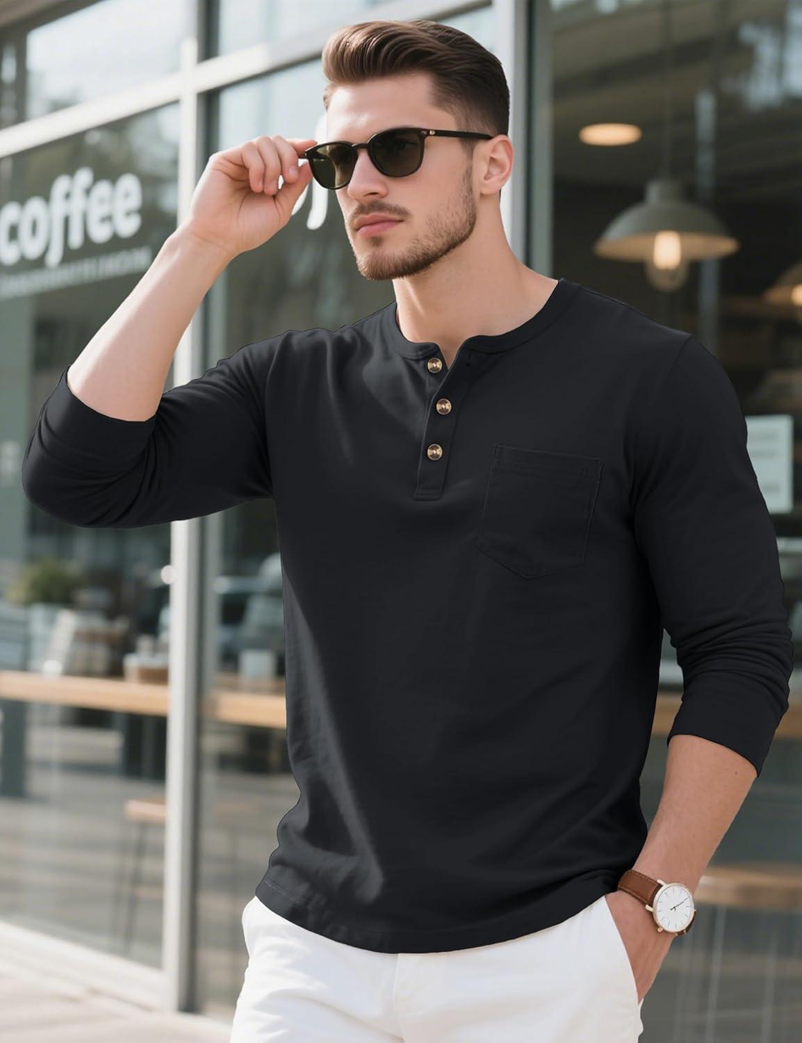 imageMAGCOMSEN Mens Henley Long Sleeve Shirt Cotton Lightweight Tee Shirts Casual Basic Tees with PocketBlack