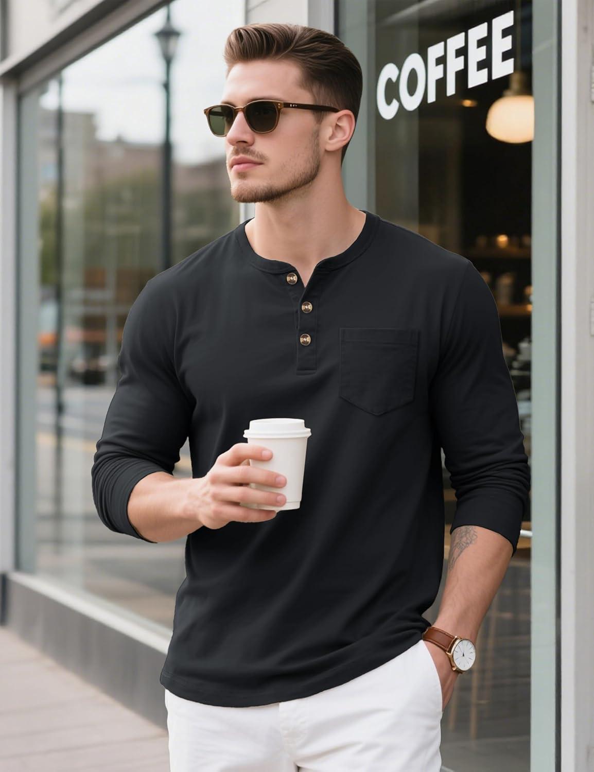 imageMAGCOMSEN Mens Henley Long Sleeve Shirt Cotton Lightweight Tee Shirts Casual Basic Tees with PocketBlack