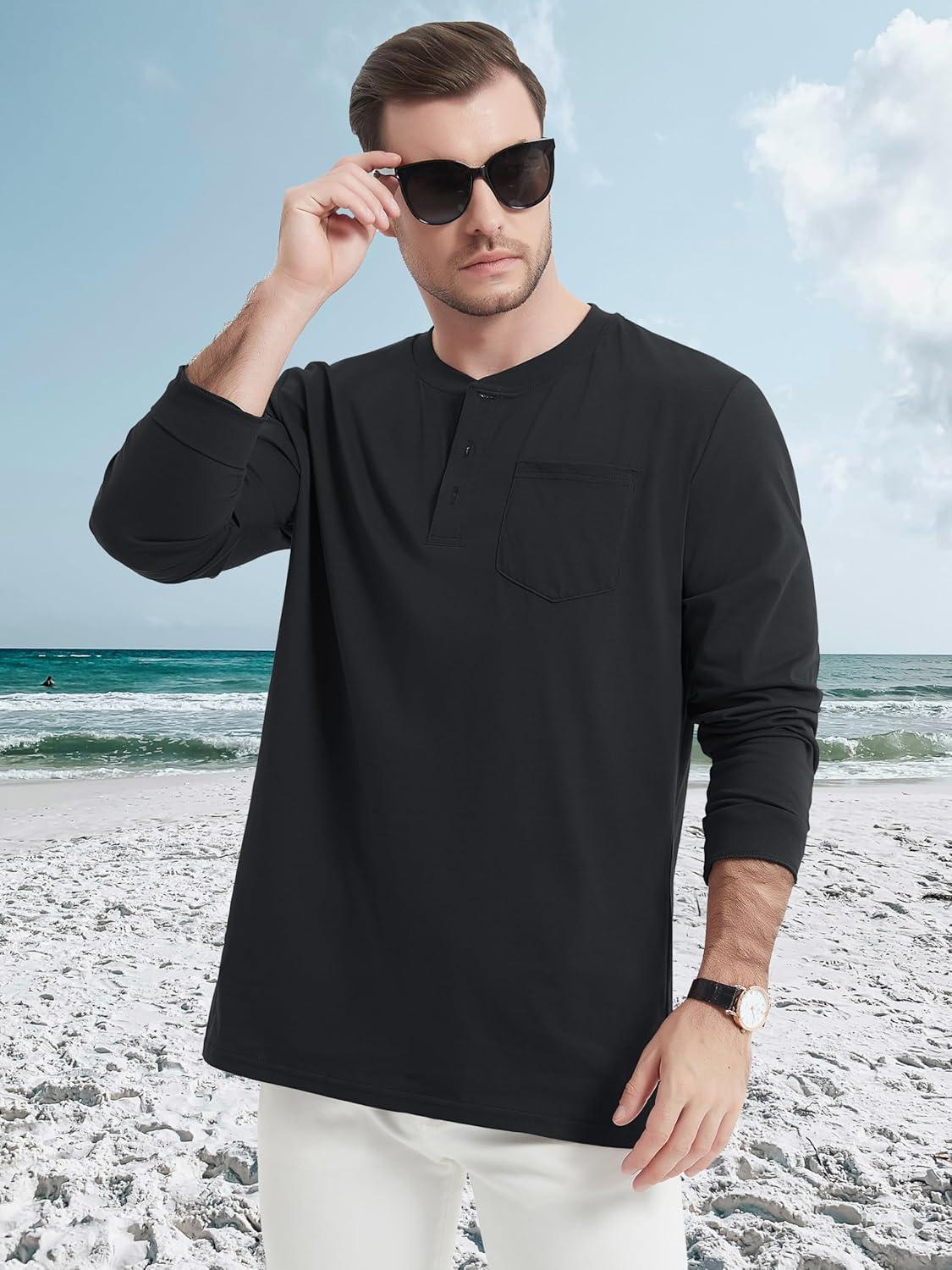 imageMAGCOMSEN Mens Henley Long Sleeve Shirt Cotton Lightweight Tee Shirts Casual Basic Tees with PocketBlack