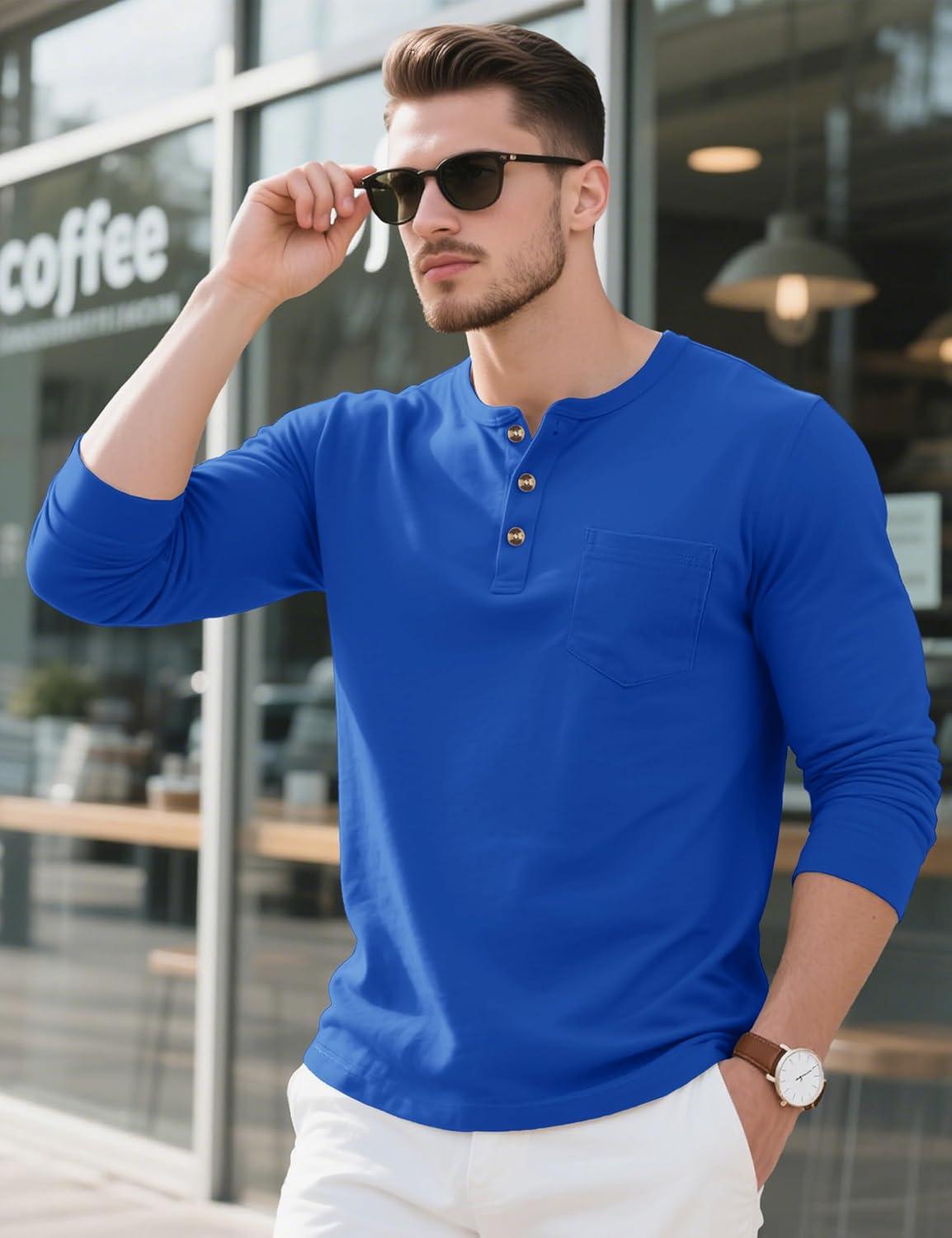 imageMAGCOMSEN Mens Henley Long Sleeve Shirt Cotton Lightweight Tee Shirts Casual Basic Tees with PocketCloor Blue