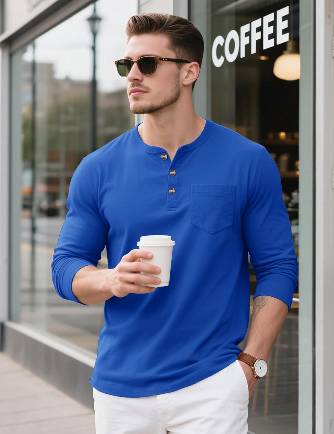 imageMAGCOMSEN Mens Henley Long Sleeve Shirt Cotton Lightweight Tee Shirts Casual Basic Tees with PocketCloor Blue