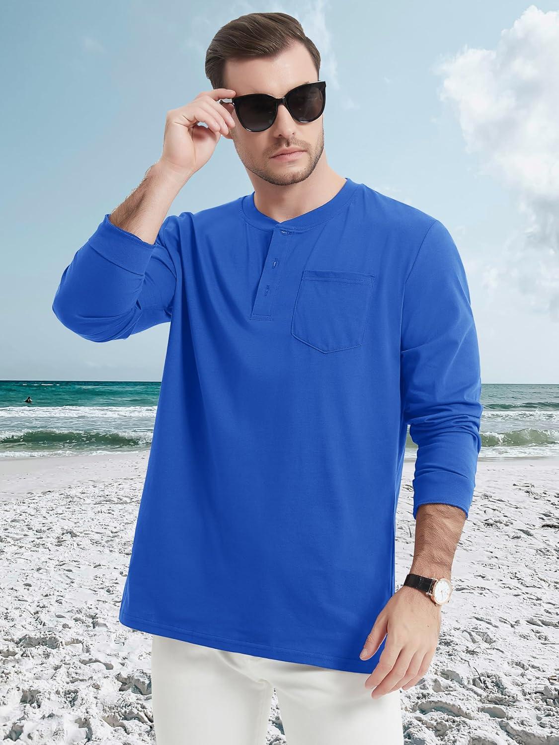 imageMAGCOMSEN Mens Henley Long Sleeve Shirt Cotton Lightweight Tee Shirts Casual Basic Tees with PocketCloor Blue