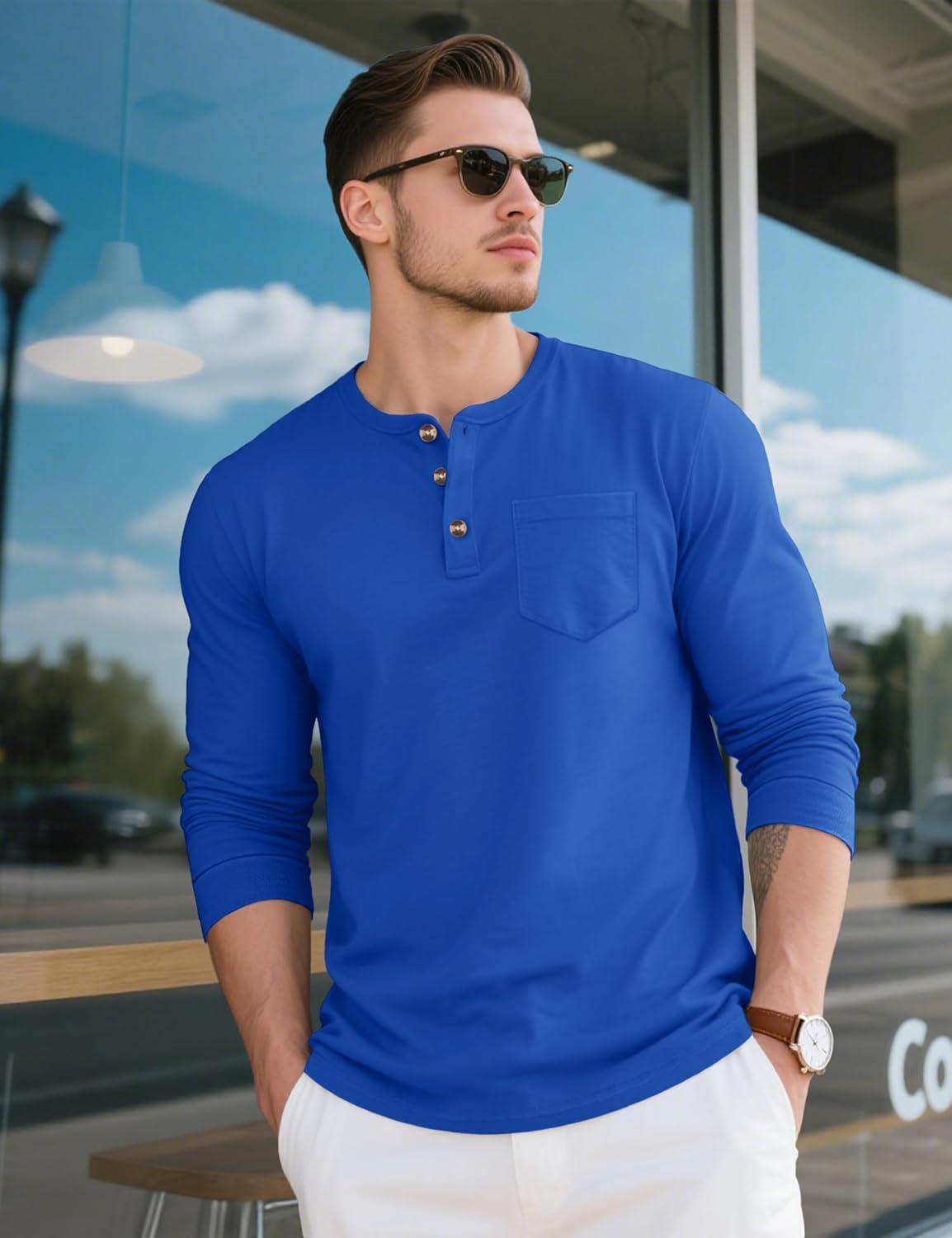 imageMAGCOMSEN Mens Henley Long Sleeve Shirt Cotton Lightweight Tee Shirts Casual Basic Tees with PocketCloor Blue