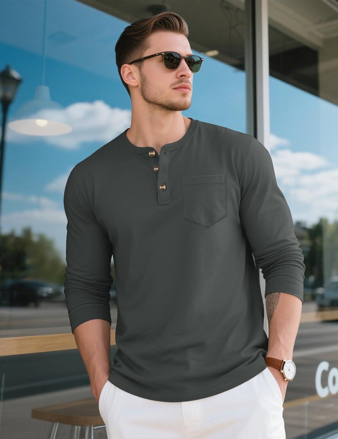 imageMAGCOMSEN Mens Henley Long Sleeve Shirt Cotton Lightweight Tee Shirts Casual Basic Tees with PocketDark Grey