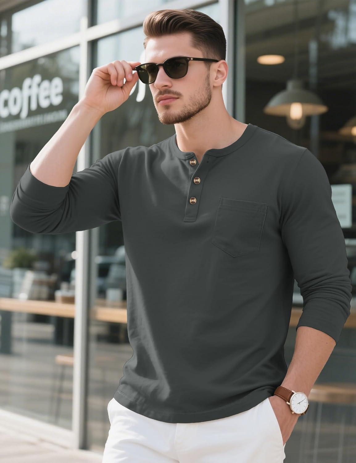 imageMAGCOMSEN Mens Henley Long Sleeve Shirt Cotton Lightweight Tee Shirts Casual Basic Tees with PocketDark Grey