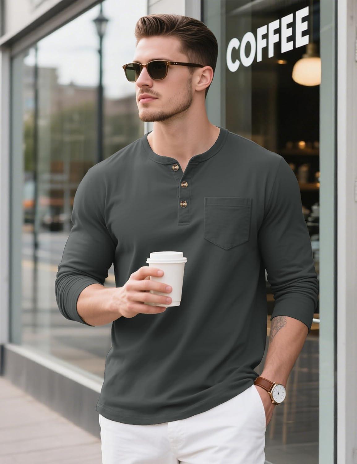 imageMAGCOMSEN Mens Henley Long Sleeve Shirt Cotton Lightweight Tee Shirts Casual Basic Tees with PocketDark Grey