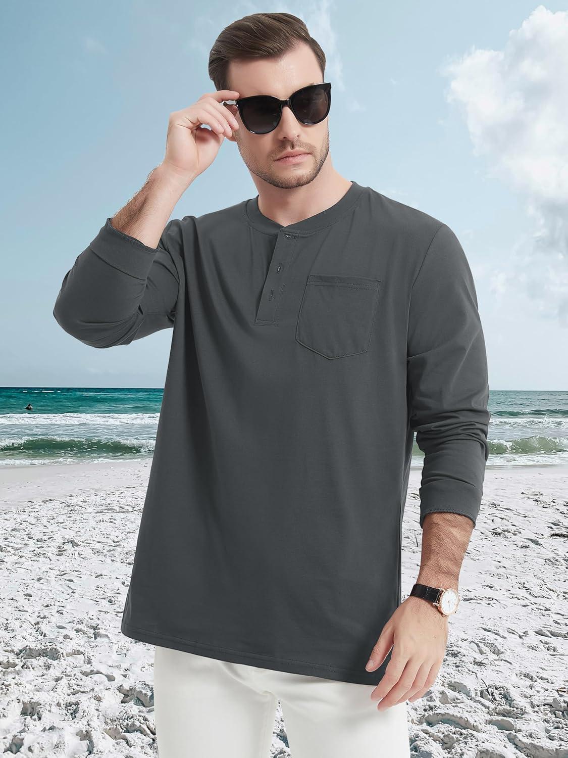 imageMAGCOMSEN Mens Henley Long Sleeve Shirt Cotton Lightweight Tee Shirts Casual Basic Tees with PocketDark Grey