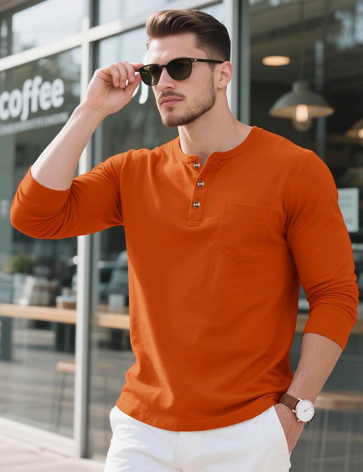 imageMAGCOMSEN Mens Henley Long Sleeve Shirt Cotton Lightweight Tee Shirts Casual Basic Tees with PocketDark Orange