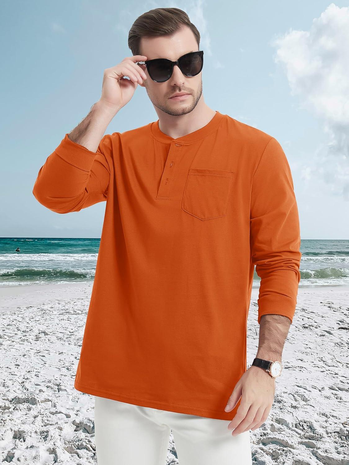 imageMAGCOMSEN Mens Henley Long Sleeve Shirt Cotton Lightweight Tee Shirts Casual Basic Tees with PocketDark Orange