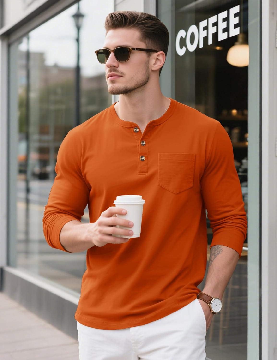 imageMAGCOMSEN Mens Henley Long Sleeve Shirt Cotton Lightweight Tee Shirts Casual Basic Tees with PocketDark Orange