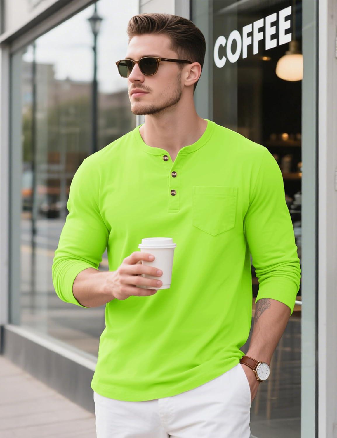 imageMAGCOMSEN Mens Henley Long Sleeve Shirt Cotton Lightweight Tee Shirts Casual Basic Tees with PocketFl Green