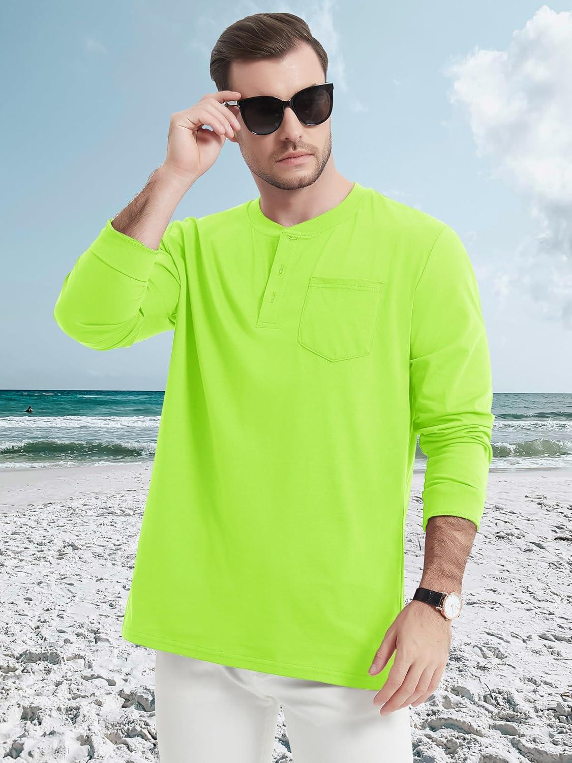 imageMAGCOMSEN Mens Henley Long Sleeve Shirt Cotton Lightweight Tee Shirts Casual Basic Tees with PocketFl Green