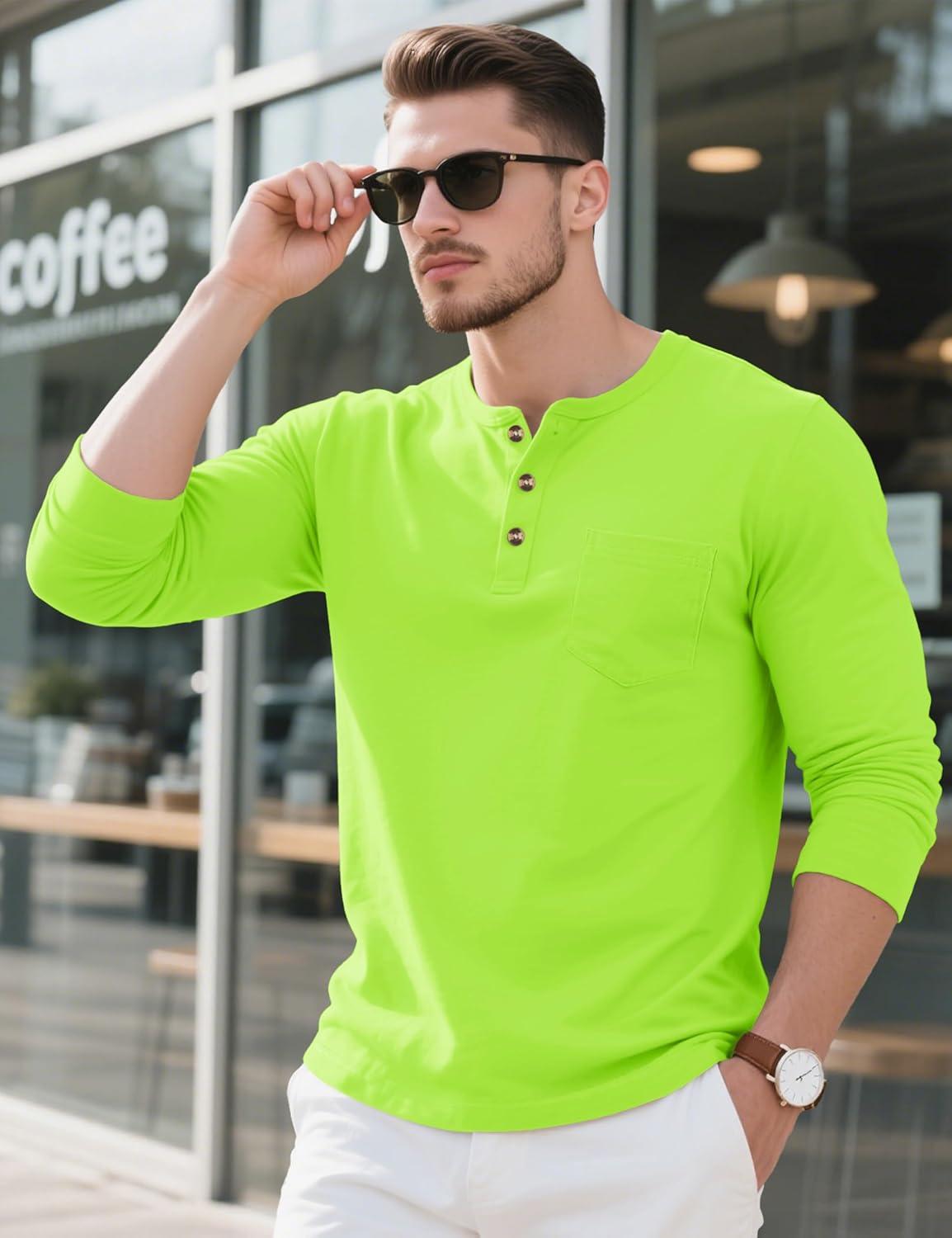 imageMAGCOMSEN Mens Henley Long Sleeve Shirt Cotton Lightweight Tee Shirts Casual Basic Tees with PocketFl Green