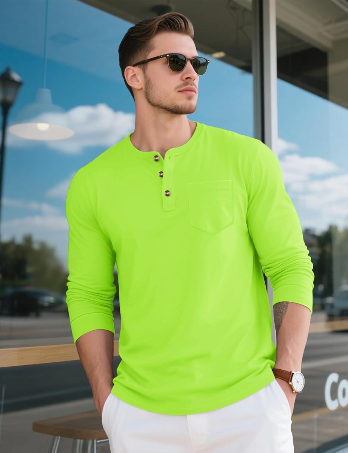 imageMAGCOMSEN Mens Henley Long Sleeve Shirt Cotton Lightweight Tee Shirts Casual Basic Tees with PocketFl Green
