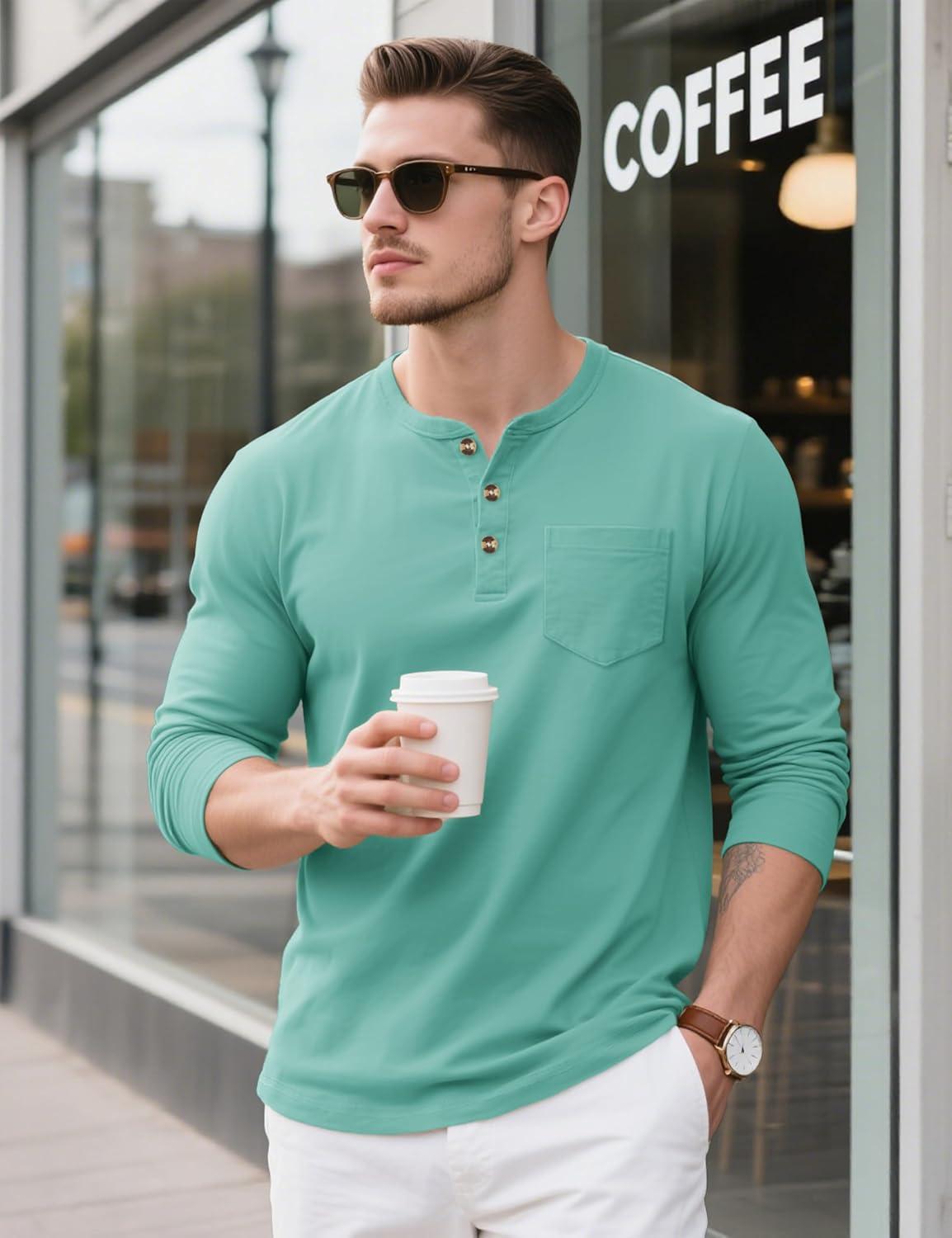 imageMAGCOMSEN Mens Henley Long Sleeve Shirt Cotton Lightweight Tee Shirts Casual Basic Tees with PocketGrey Green
