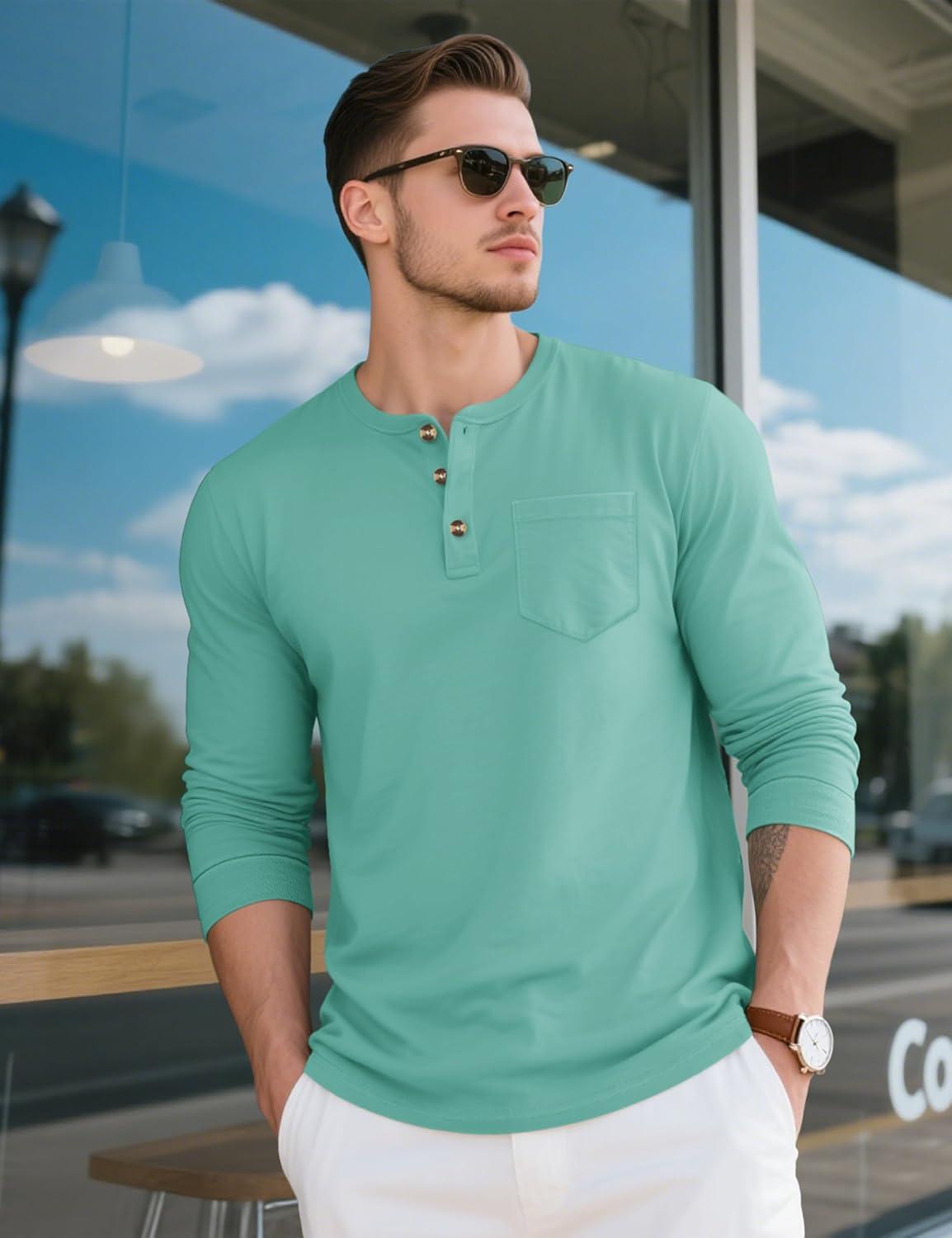 imageMAGCOMSEN Mens Henley Long Sleeve Shirt Cotton Lightweight Tee Shirts Casual Basic Tees with PocketGrey Green