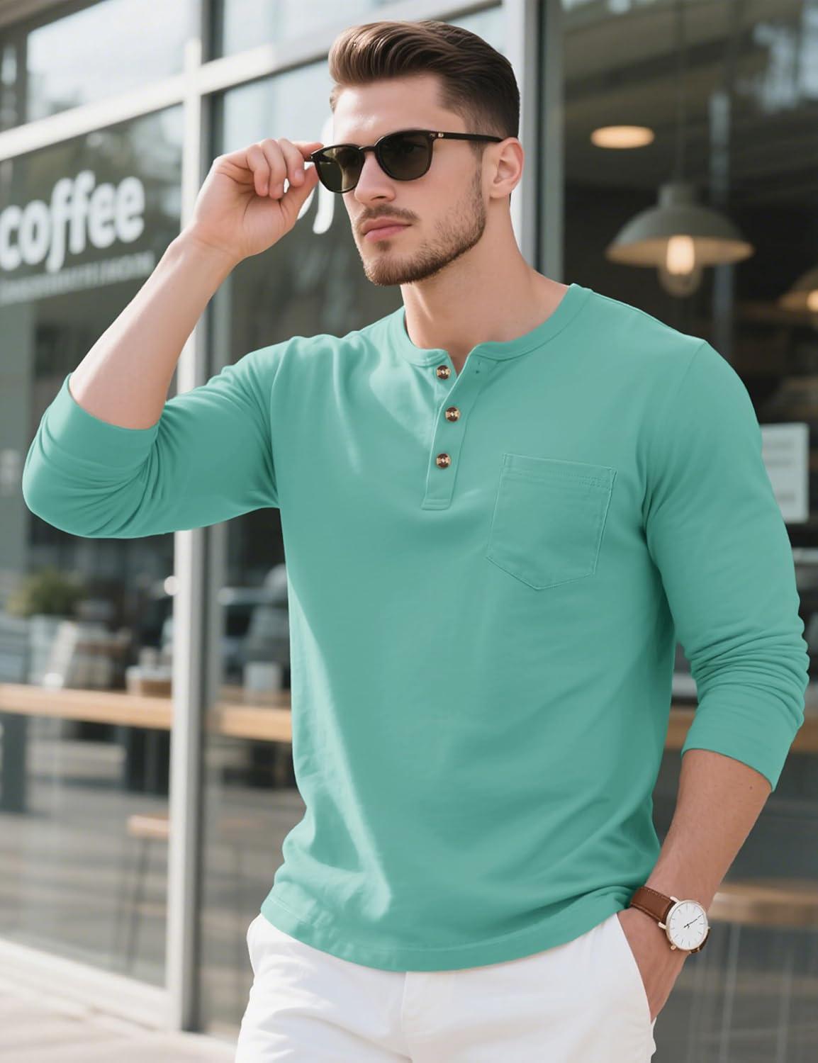 imageMAGCOMSEN Mens Henley Long Sleeve Shirt Cotton Lightweight Tee Shirts Casual Basic Tees with PocketGrey Green