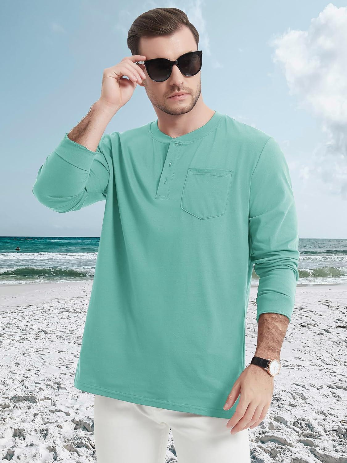 imageMAGCOMSEN Mens Henley Long Sleeve Shirt Cotton Lightweight Tee Shirts Casual Basic Tees with PocketGrey Green
