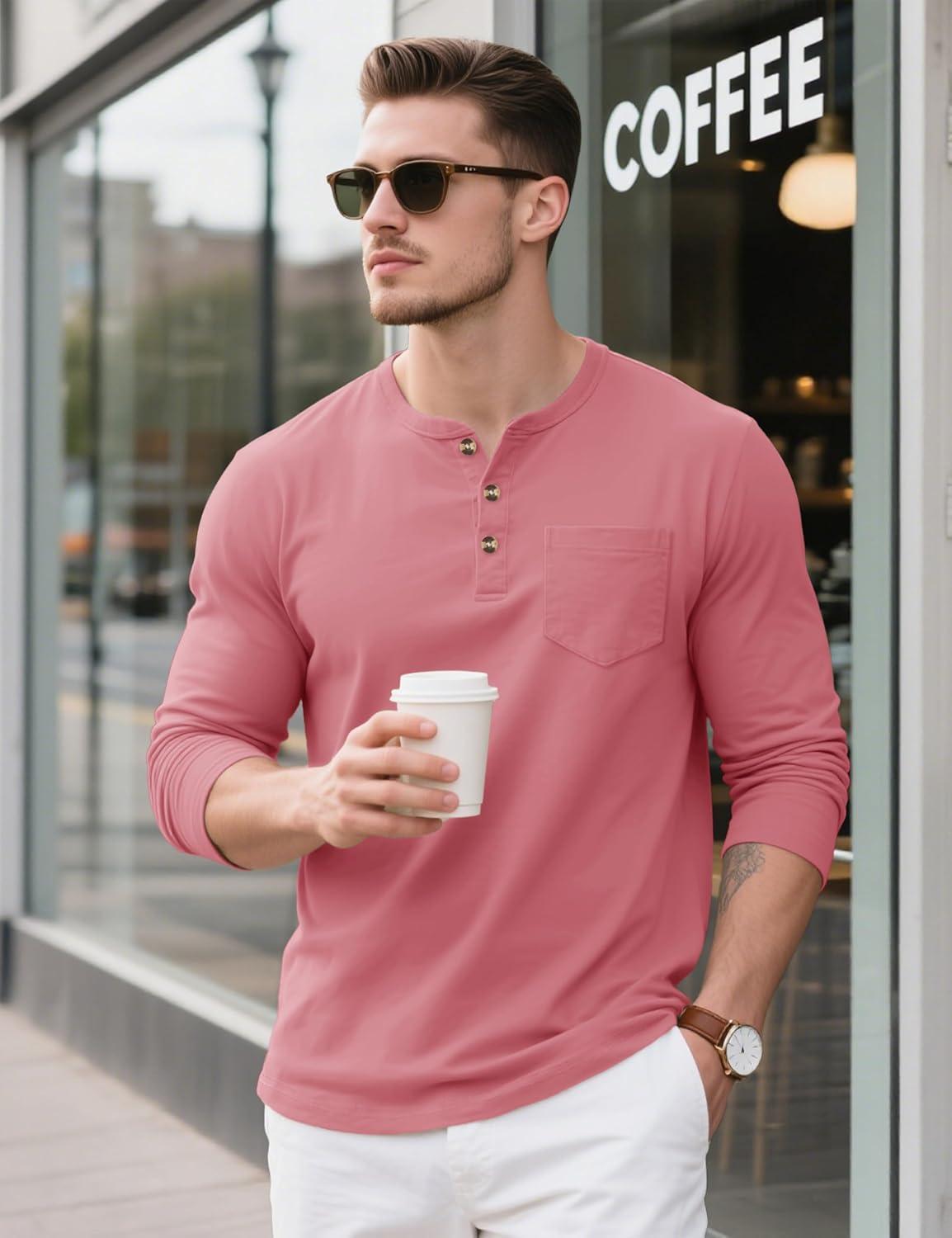 imageMAGCOMSEN Mens Henley Long Sleeve Shirt Cotton Lightweight Tee Shirts Casual Basic Tees with PocketGrey Pink