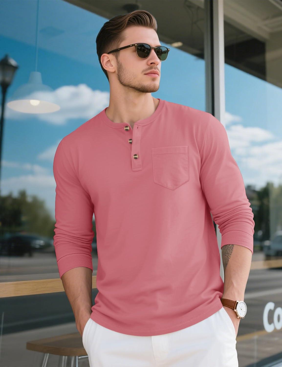 imageMAGCOMSEN Mens Henley Long Sleeve Shirt Cotton Lightweight Tee Shirts Casual Basic Tees with PocketGrey Pink