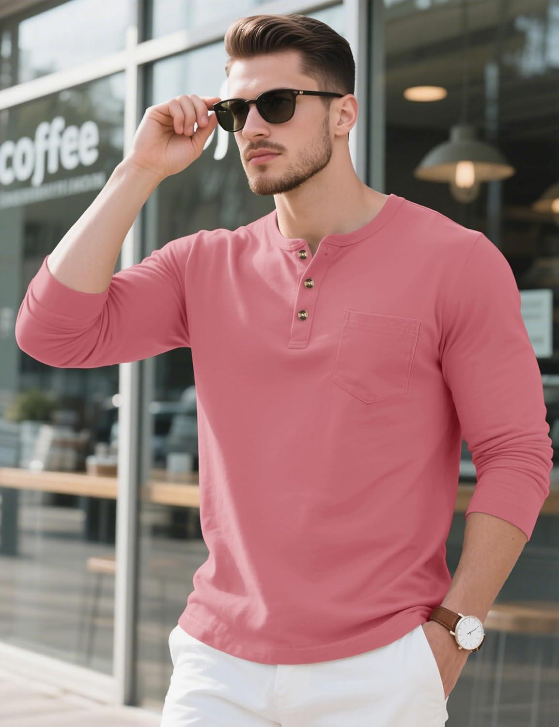 imageMAGCOMSEN Mens Henley Long Sleeve Shirt Cotton Lightweight Tee Shirts Casual Basic Tees with PocketGrey Pink