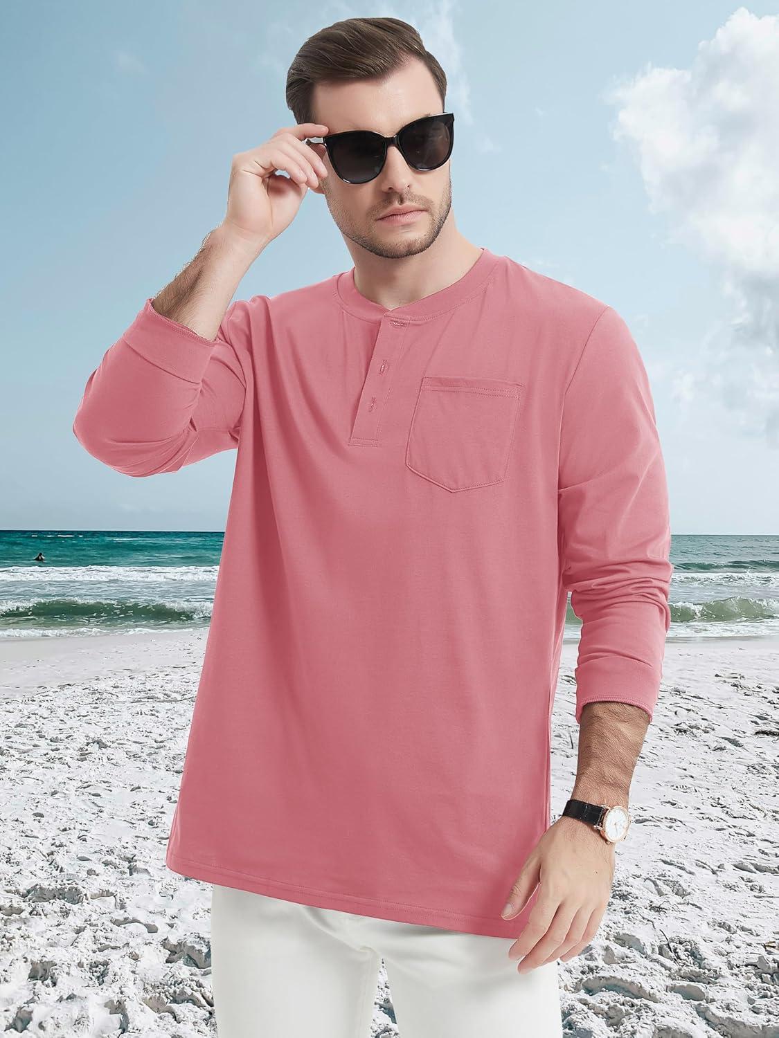 imageMAGCOMSEN Mens Henley Long Sleeve Shirt Cotton Lightweight Tee Shirts Casual Basic Tees with PocketGrey Pink