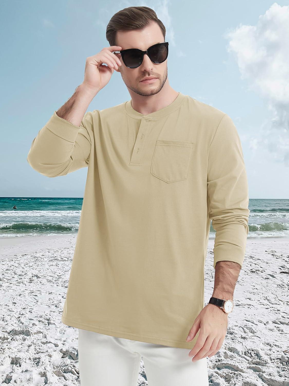 imageMAGCOMSEN Mens Henley Long Sleeve Shirt Cotton Lightweight Tee Shirts Casual Basic Tees with PocketKhaki