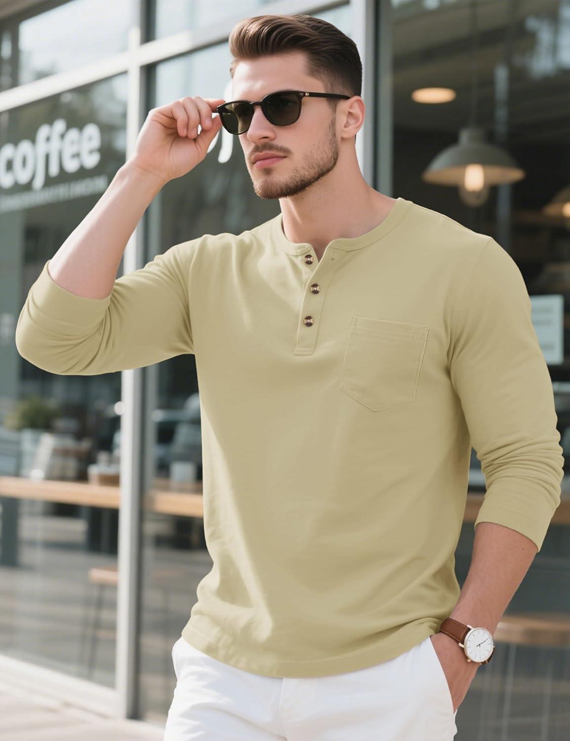 imageMAGCOMSEN Mens Henley Long Sleeve Shirt Cotton Lightweight Tee Shirts Casual Basic Tees with PocketKhaki