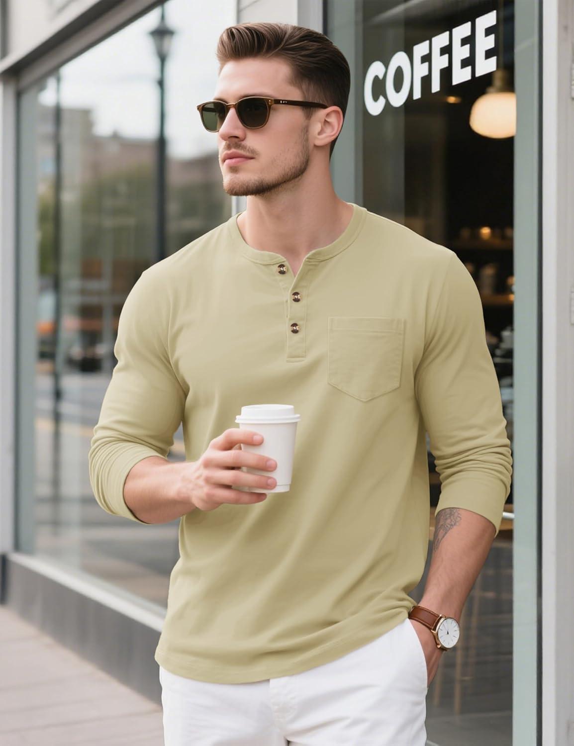 imageMAGCOMSEN Mens Henley Long Sleeve Shirt Cotton Lightweight Tee Shirts Casual Basic Tees with PocketKhaki
